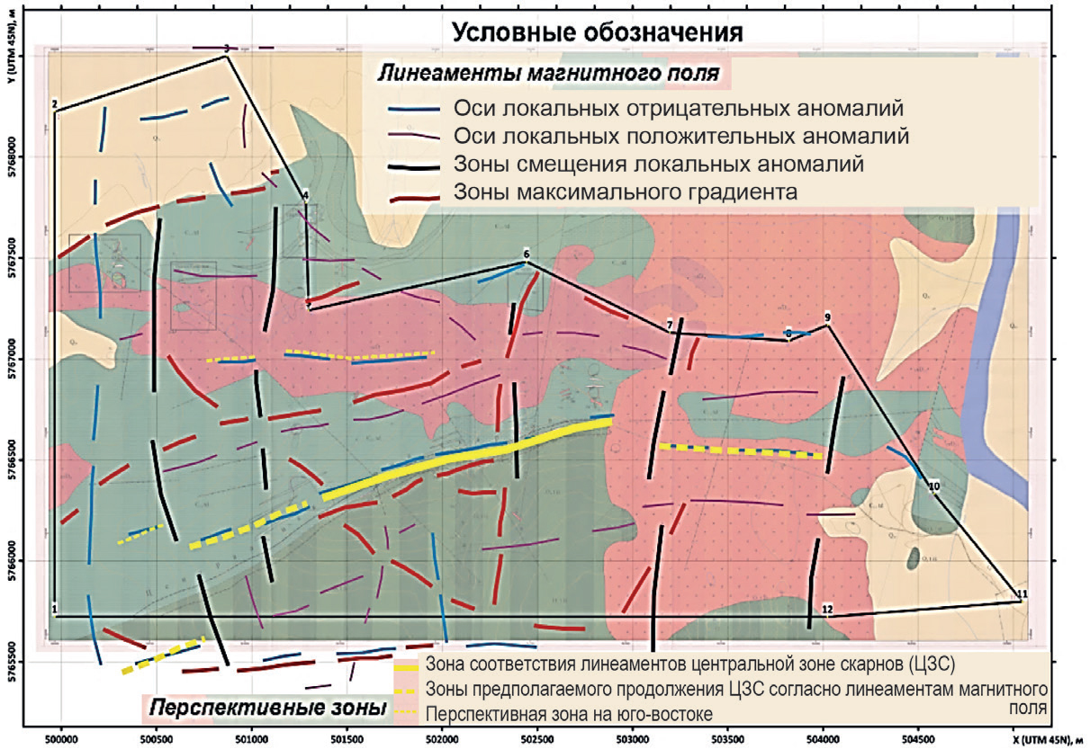 Рис. 10. Схема линеаментов и перспективных зон, совмещенная с геологической картой (по материалам Л.И. Шипиленко 1977 г. М 1:50000)