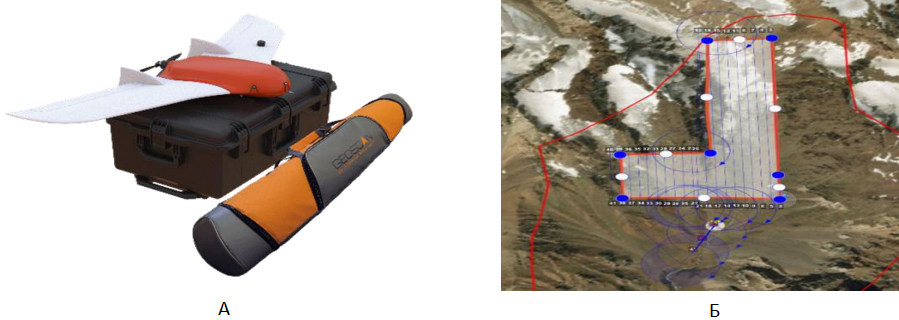Рисунок 1. А) БПЛА «Геоскан 101 Геодезия» Б) Площадь охвата съемочных работ БПЛА