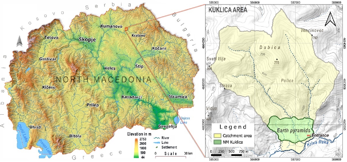 Расположение площадки памятника природы Куклица в Северной Македонии (слева) и его водосборный бассейн (справа)