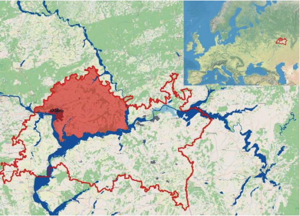 Рисунок 2. Регион проведения исследований с указанием границ Республики Татарстан