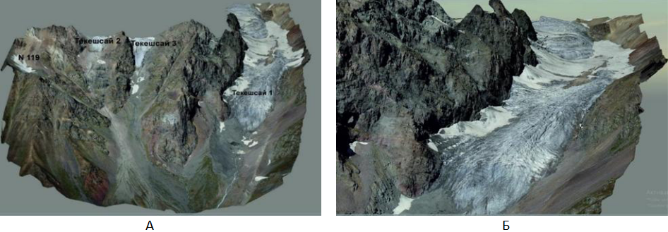Рисунок 2. А) 3D-карта ледникового района Текешсай  Б) Карта ледникового бассейна Текешсай в 3D-формате
