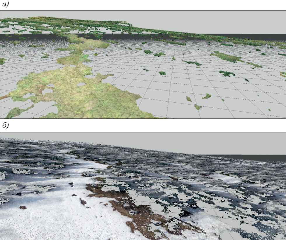 Цифровая модель рельефа лесистого участка полигона, полученная по результатам аэрофотосъемки (а) и лазерного сканирования (б)