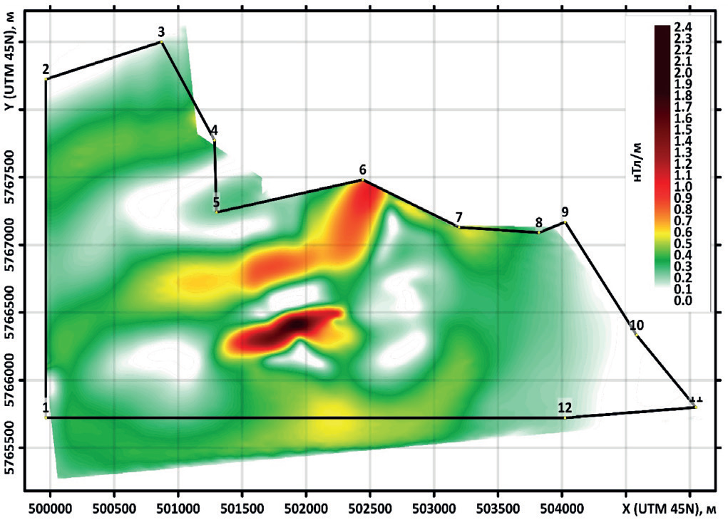 Рис. 4. Карта полного горизонтального градиента аномального магнитного поля