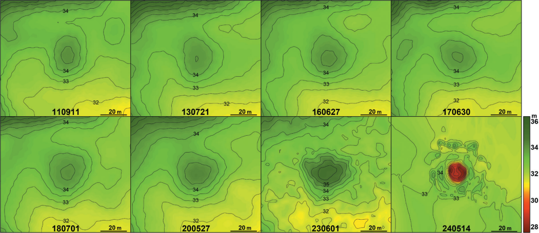 Рис. 4. ЦМР ArcticDEM объекта С22 за период 2011—2023 гг. и БПЛА 2024 г