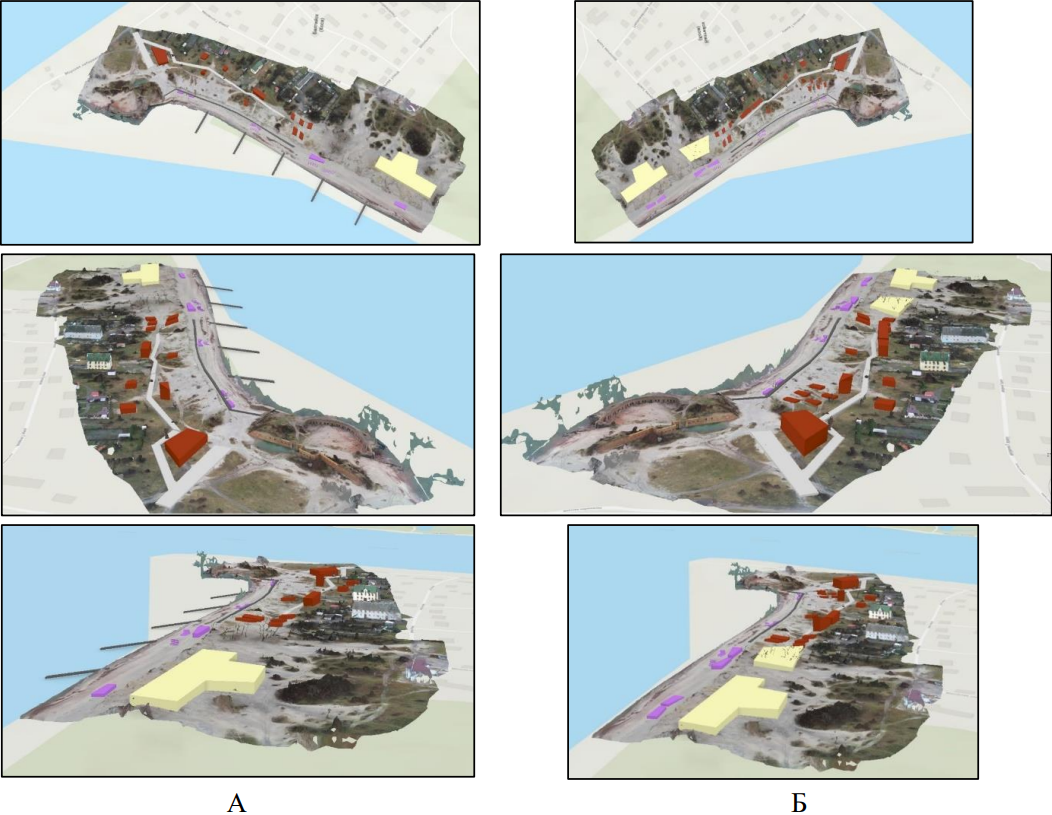 Прототипы цифровых двойников побережья около п. Коса (А – Развитие территории с учетом природоохранных мероприятий; Б – Развитие территории без учета природоохранных мероприятий)
