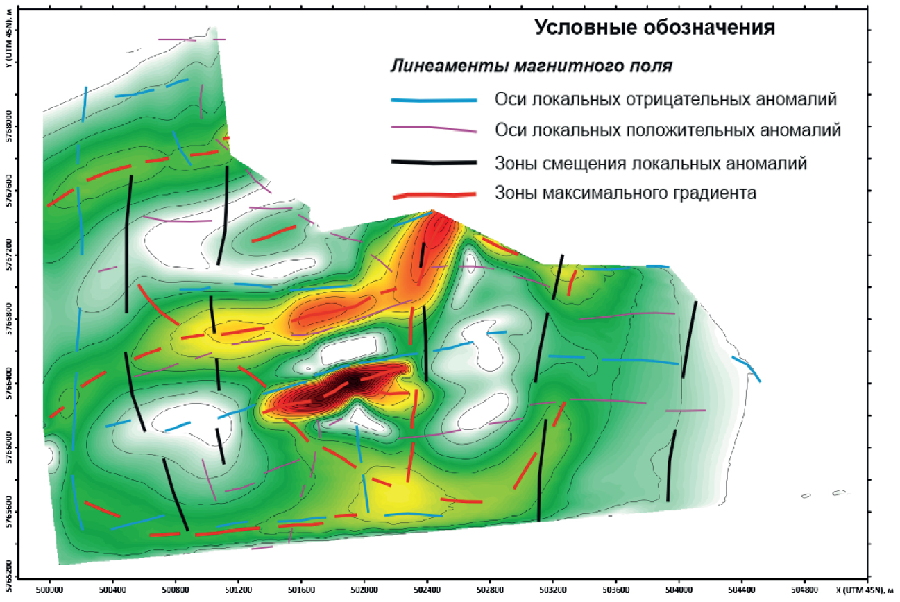 Рис. 7. Схема линеаментов, совмещенная с картой горизонтального градиента аномального магнитного поля