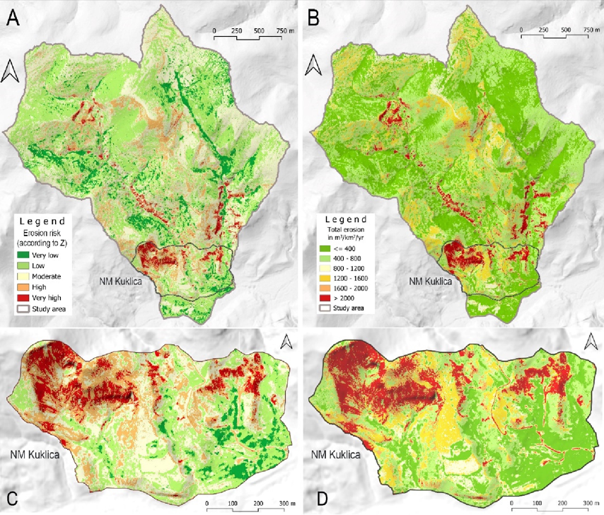 Карта подверженности эрозии (A) и средняя годовая скорость эрозии (B) дренажного бассейна Куклица и соответствующие карты площадки памятника природы Куклица (C, D)