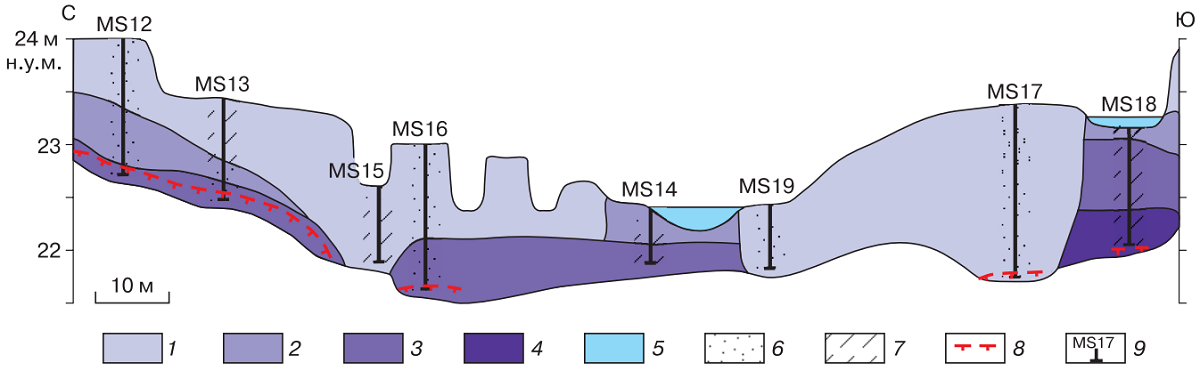 Рис. 8. Схематический разрез пространственного распределения метана в отложениях хасырея в районе Марре-Сале. 1–4 – содержание метана в породе (мл/кг): 1 – от 0 до 0.1; 2 – от 0.1 до 0.5; 3 – от 0.5 до 1.0; 4 – более 1; 5 – вода; 6, 7: литологический состав отложений: 6 – песок, 7 – супесь; 8 – граница подошвы сезонноталого слоя; 9 – местоположение и номер шурфа.