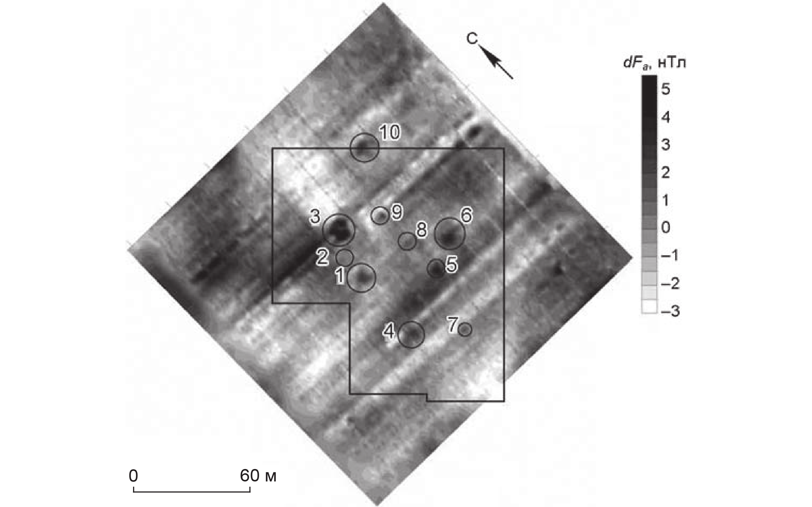 Карта распределения аномального магнитного поля, построенная по результатам аэромагнитной съемки могильника Аул-Кошкуль-1 в 2016 г