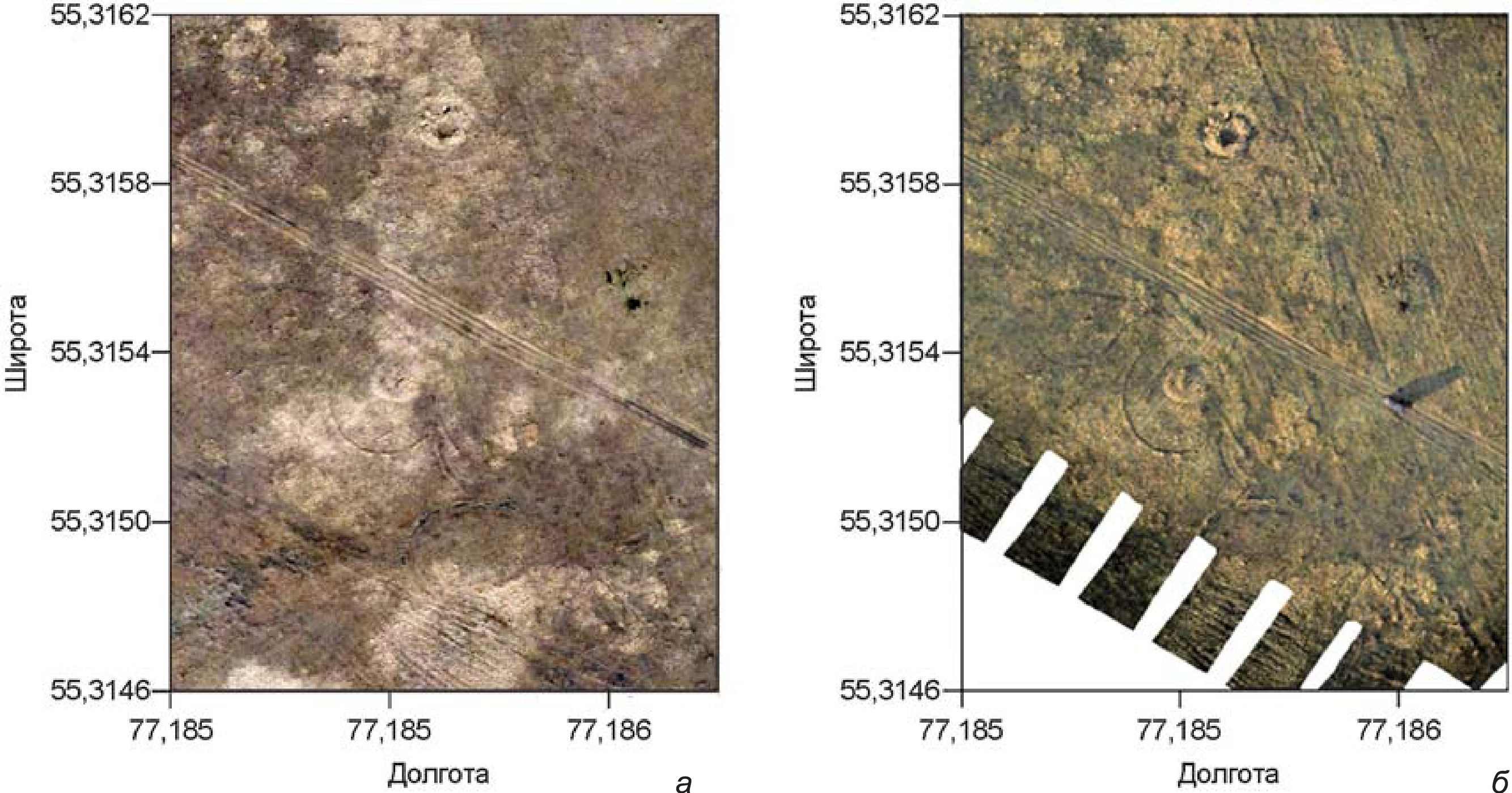 Фрагменты ортофотопланов, построенные по данным аэрофотосъемки в середине дня (а) и в вечернее время (б).