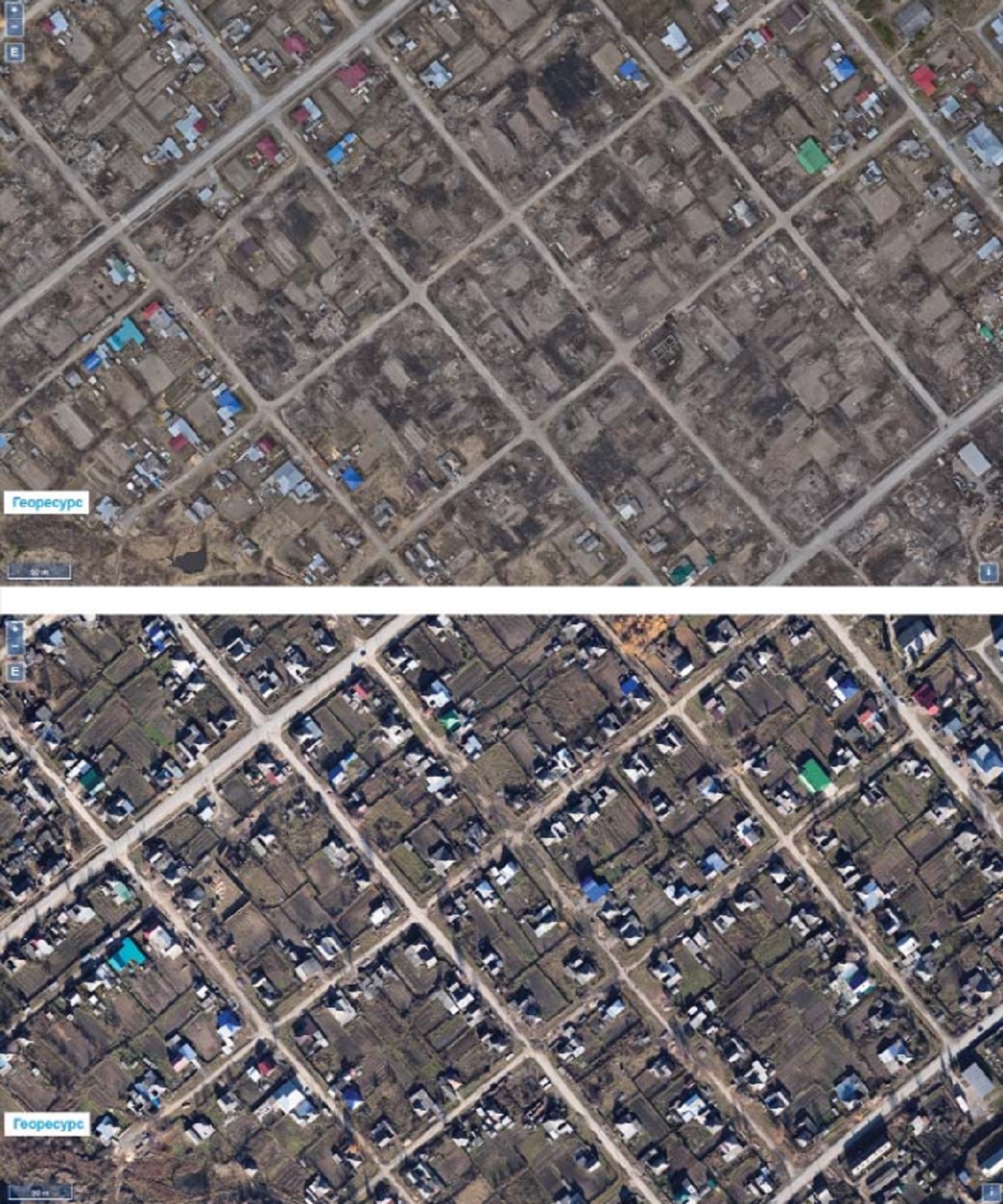 Фрагменты аэрофотоснимков территории жилой застройки поселка Сосьва после пожара (вверху) и до пожара (внизу)